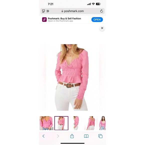 Free People Chloe Top Long Sleeve Wired Sweetheart Neckline Smocked Pink Small - Picture 3 of 10